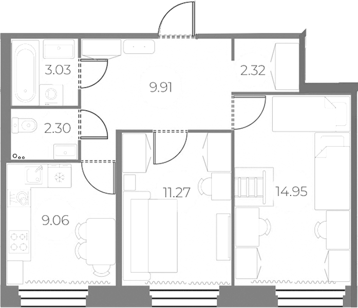 2-комнатная квартира 52.84 м², 2/18 эт., ЖК «Огни Залива»